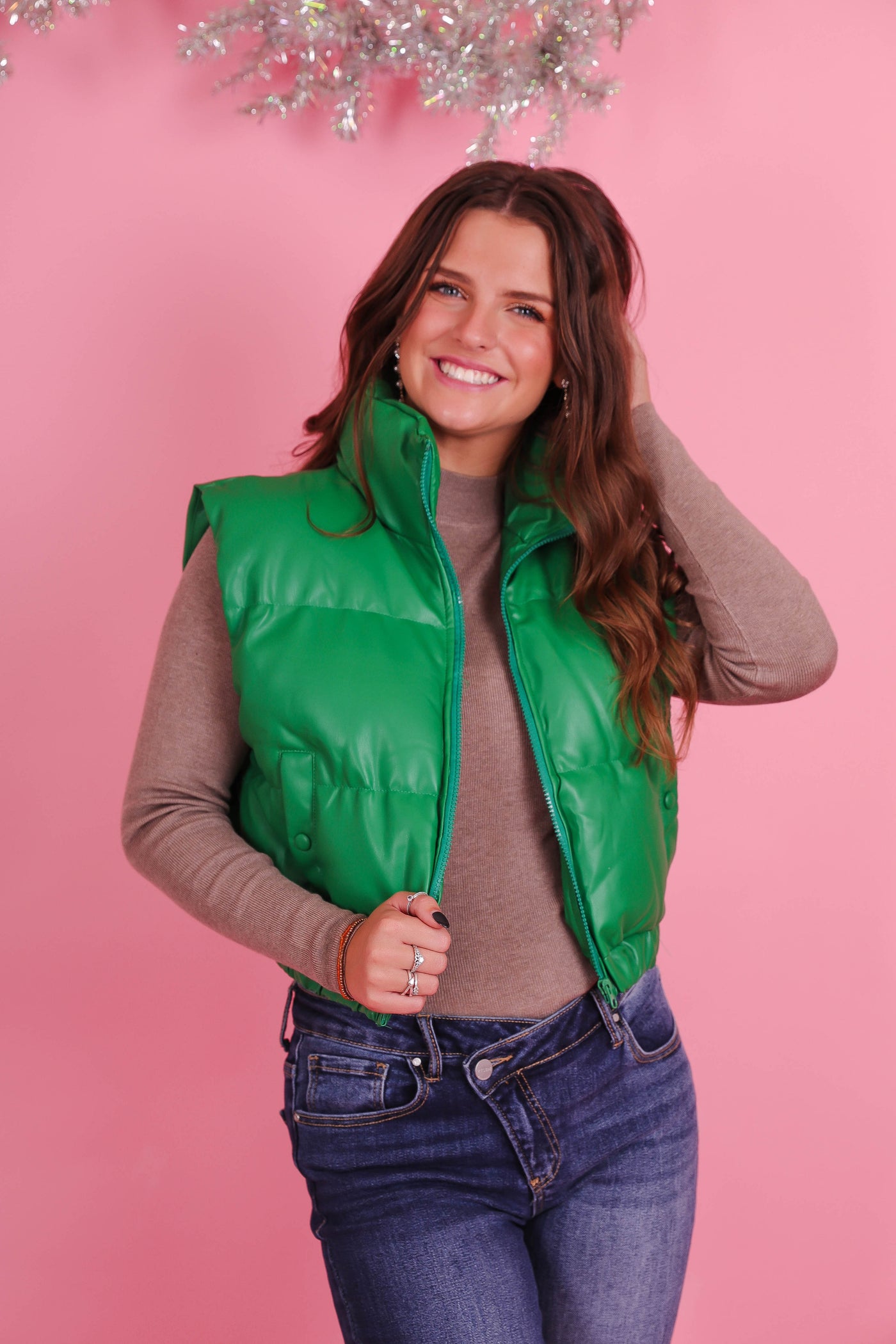 Women's Faux Leather Vest- Women's Trendy Puffer Vest- Cropped Puffer Vest