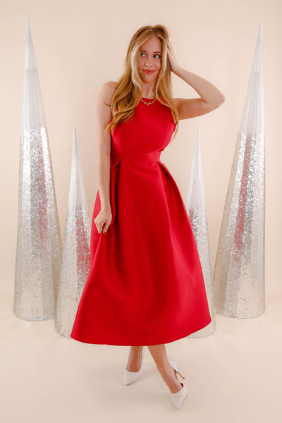 Red Midi Dress With Bow- Elegant Red Event Dress- B Right Red Dress