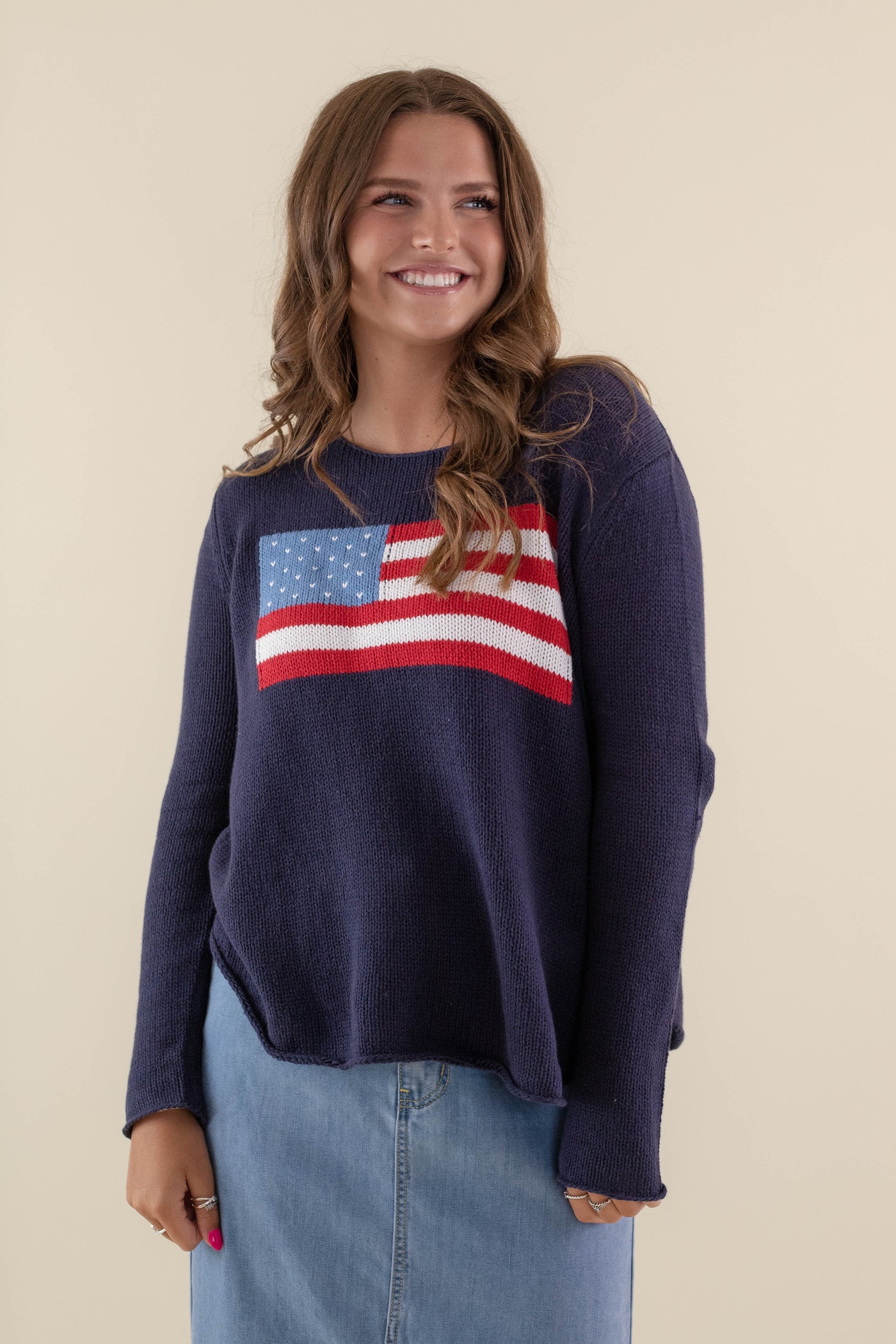 Women's American Flag Sweater- Navy Flag Sweater- Americana Lightweight Sweater