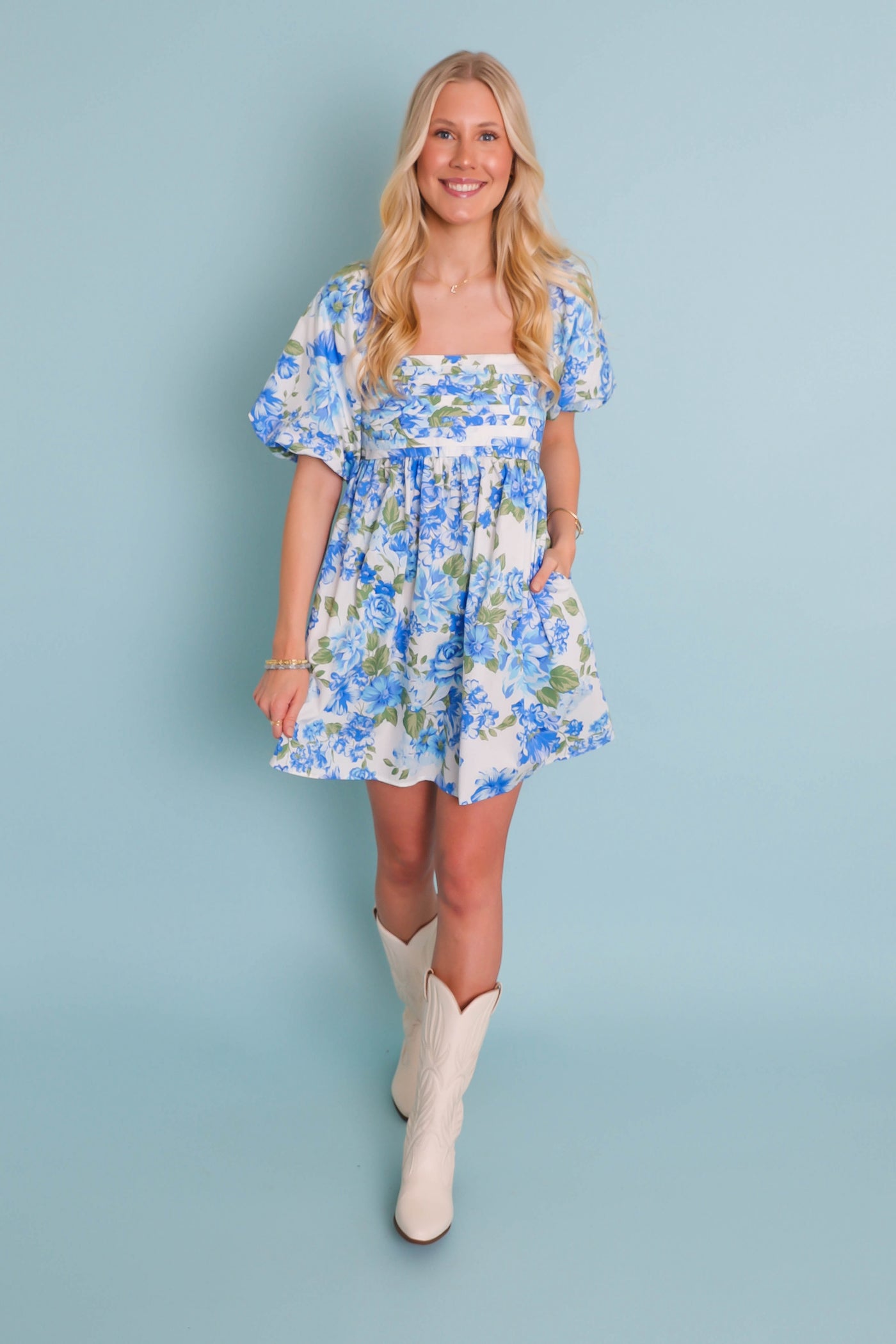 Cute Floral Print Dress- Women's Spring Dresses- Blue Flower Dress