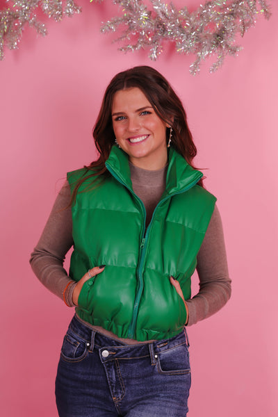 Women's Faux Leather Vest- Women's Trendy Puffer Vest- Cropped Puffer Vest