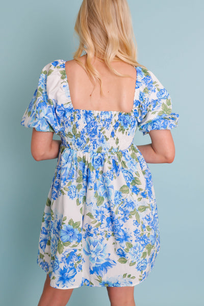 Cute Floral Print Dress- Women's Spring Dresses- Blue Flower Dress