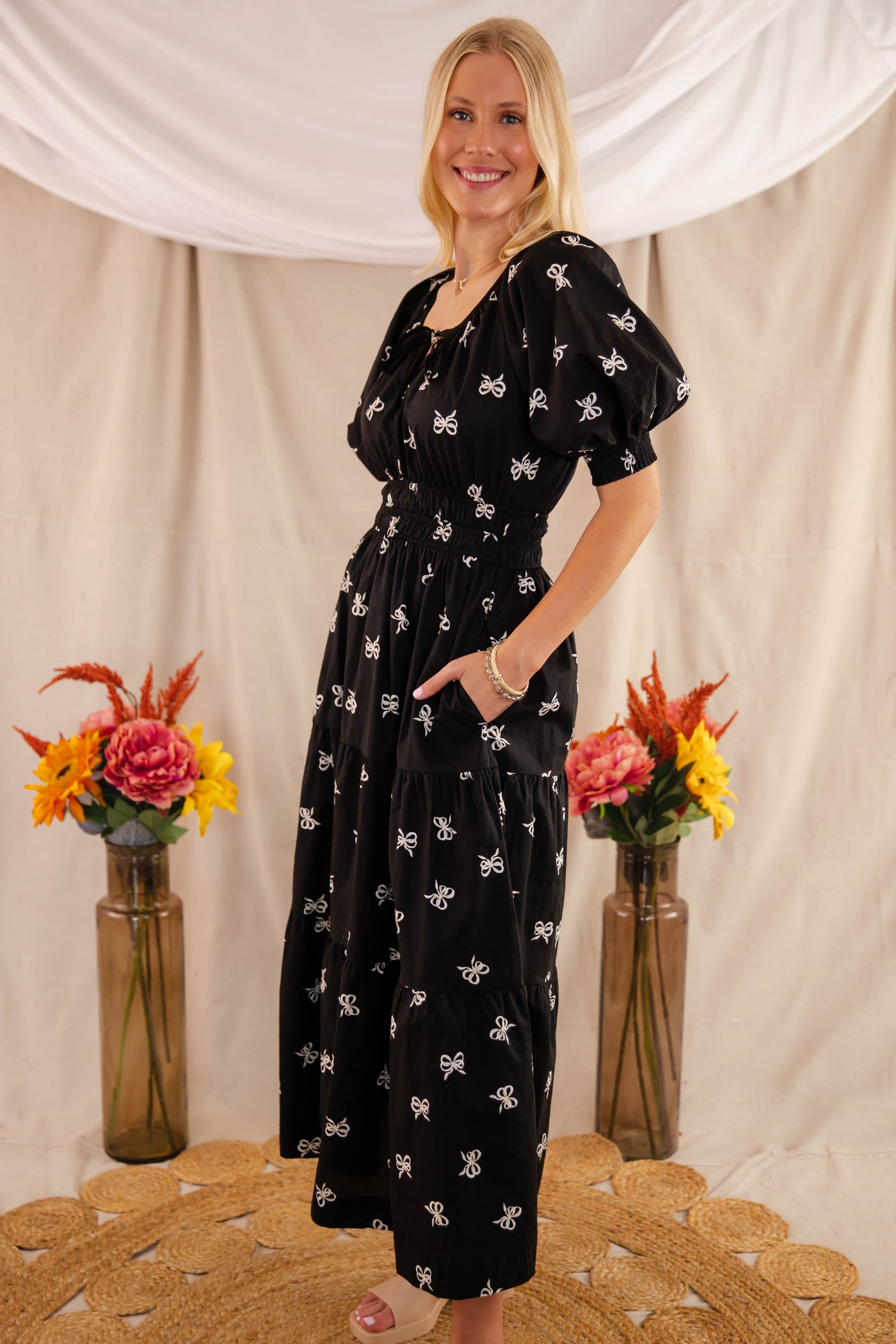 Bow Print Maxi Dress- Women's Black Bow Dress- Entro Ribbon Maxi Dress