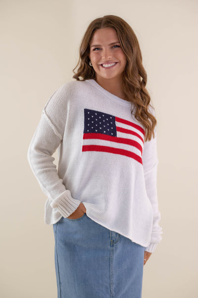 Women's American Flag Sweater- White Flag Sweater- Americana Lightweight Sweater