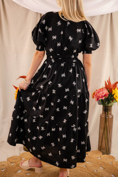 Bow Print Maxi Dress- Women's Black Bow Dress- Entro Ribbon Maxi Dress