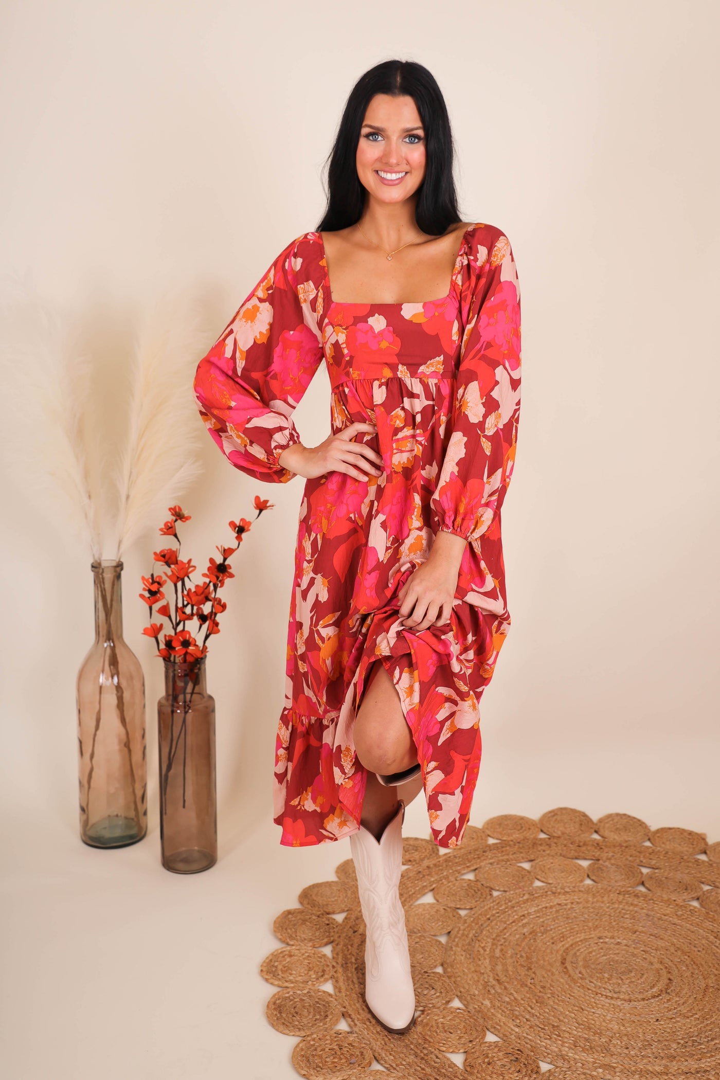 Women's Floral Print Midi Dress- Women's Conservative Midi Dress- In The Beginning Dresses