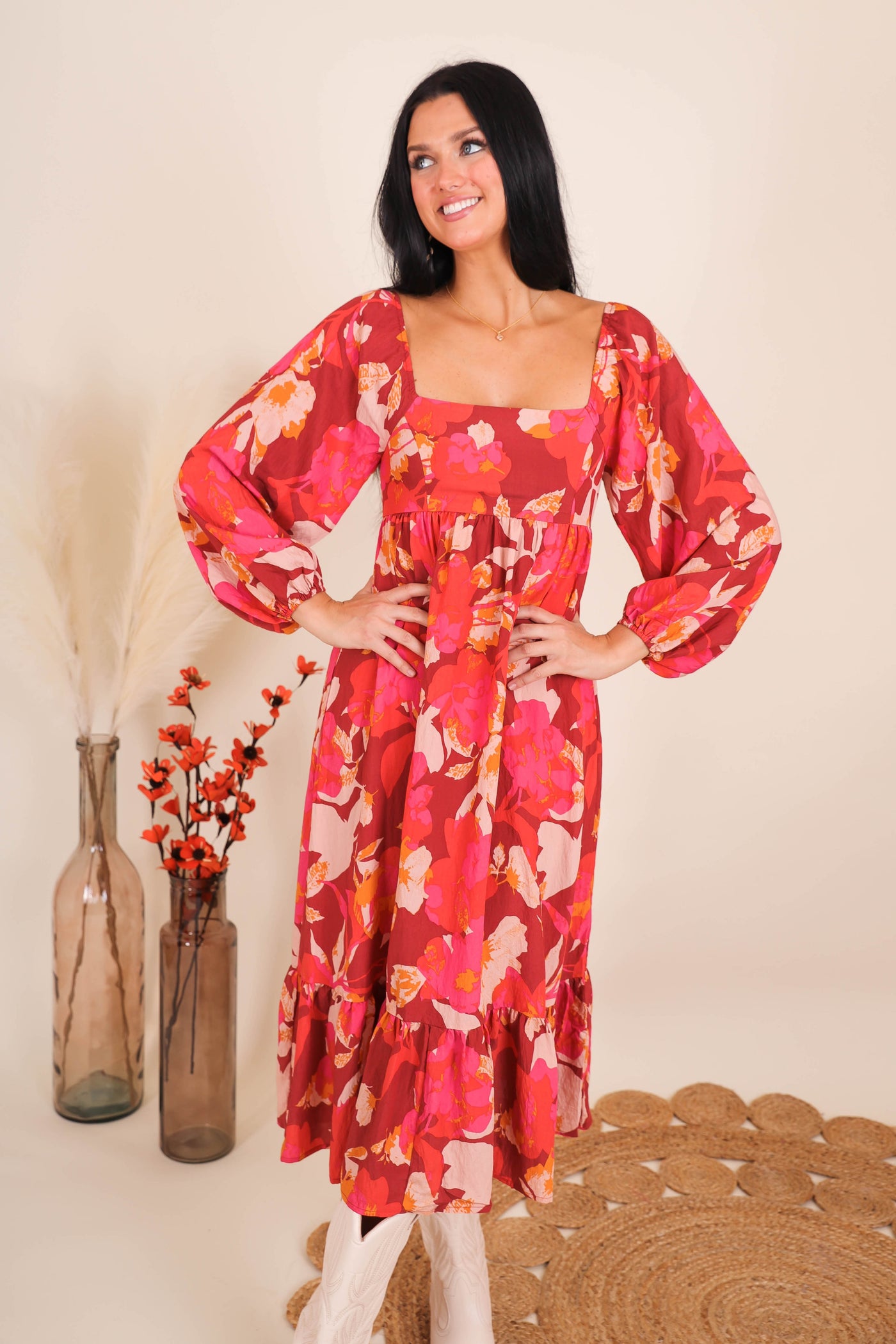 Women's Floral Print Midi Dress- Women's Conservative Midi Dress- In The Beginning Dresses