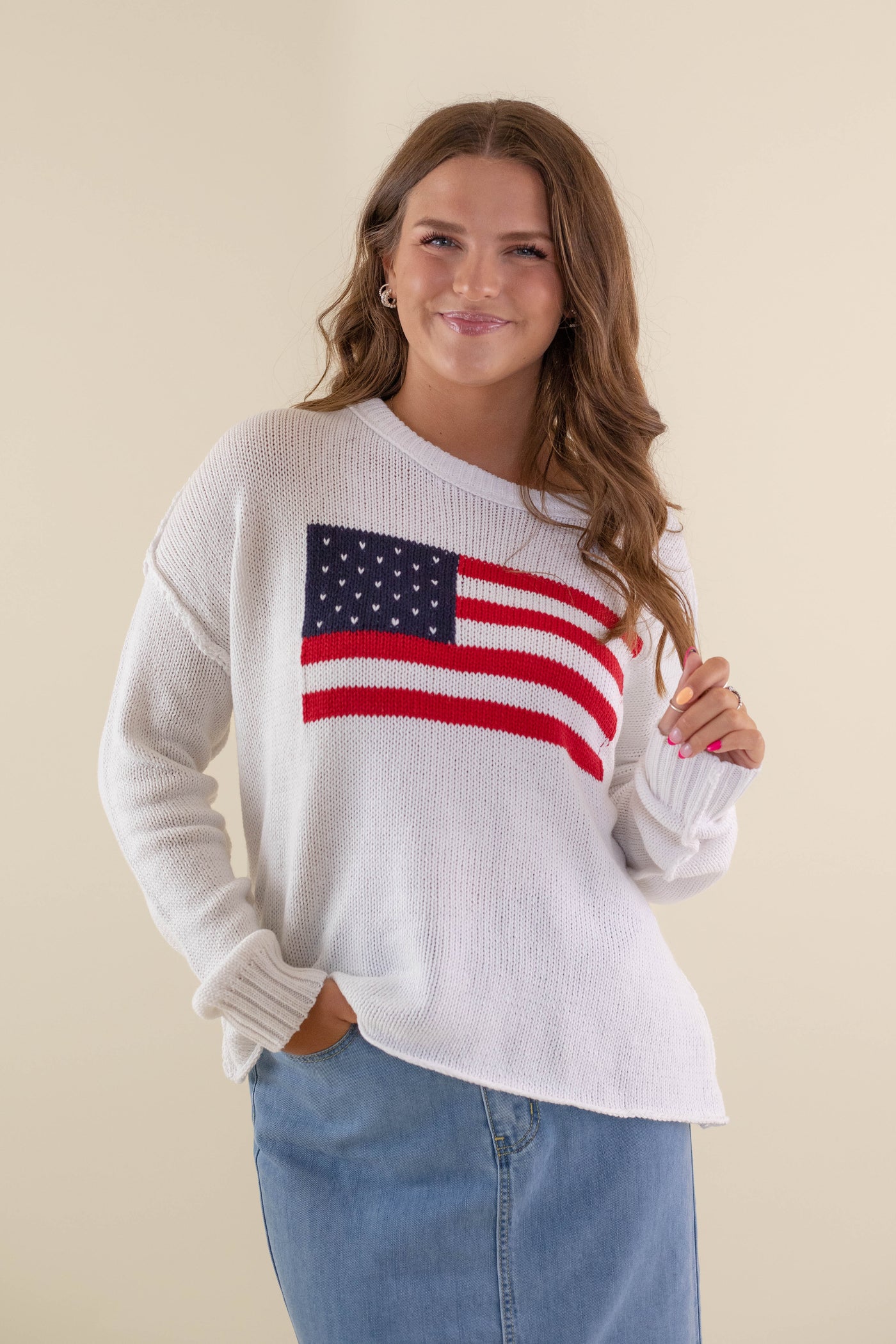 Women's American Flag Sweater- White Flag Sweater- Americana Lightweight Sweater