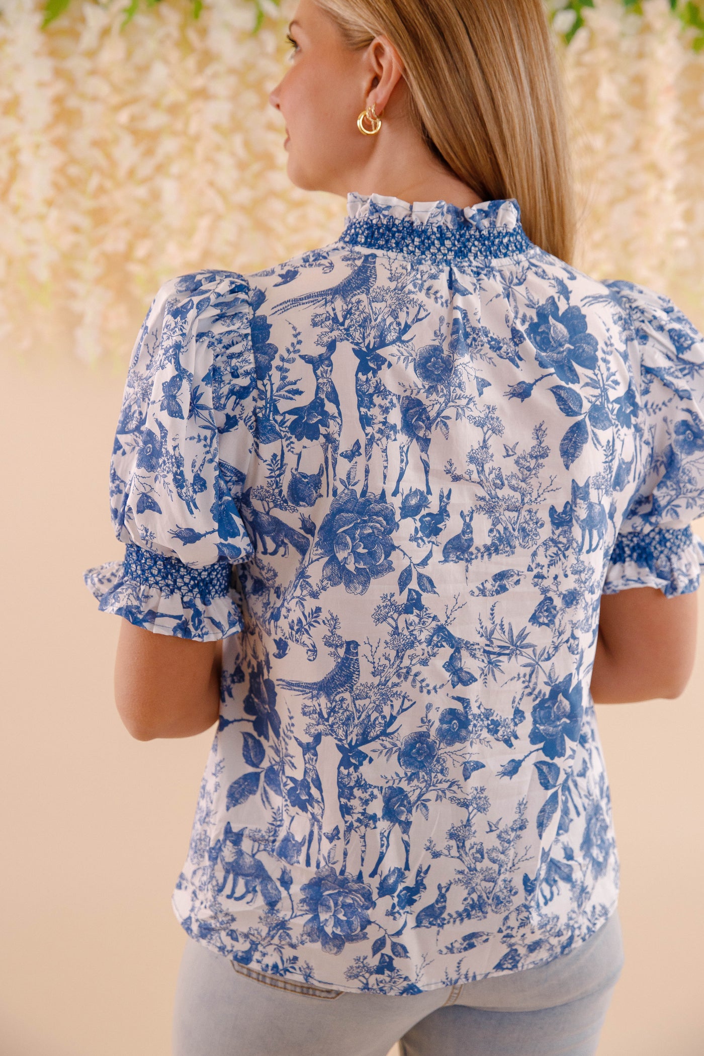 Woodland Toile Print Blouse- Puff Sleeve Cotton Top- Women's Preppy Tops