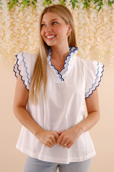 Scallop Trim Cotton Blouse- Women's Cotton Tops- Blue and White Scalloped Blouse