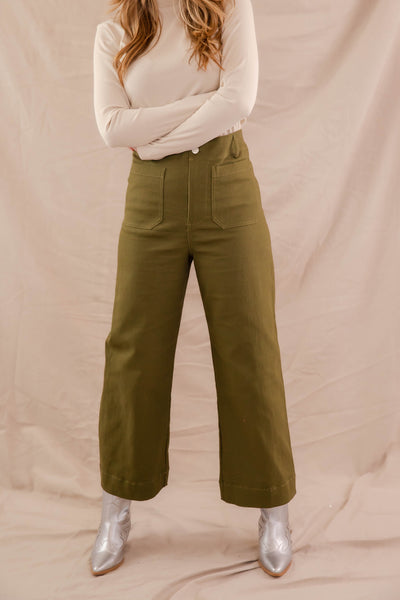 Wide Leg Olive Denim- Women's Front Pocket Jeans- Trendy Style Jeans