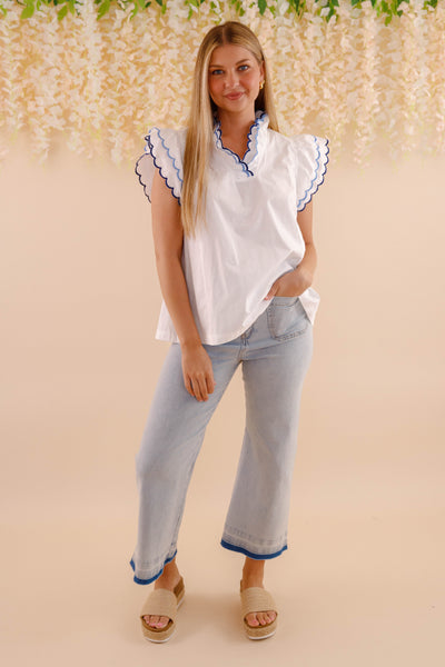 Scallop Trim Cotton Blouse- Women's Cotton Tops- Blue and White Scalloped Blouse