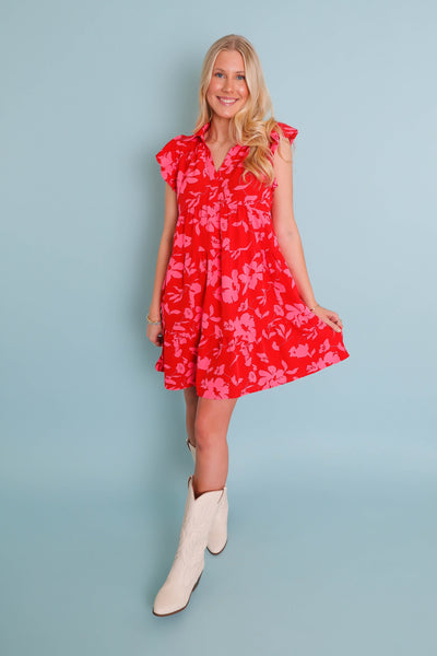 Red and Pink Floral Dress- Women's Vacation Dresses- Umgee Red Dress