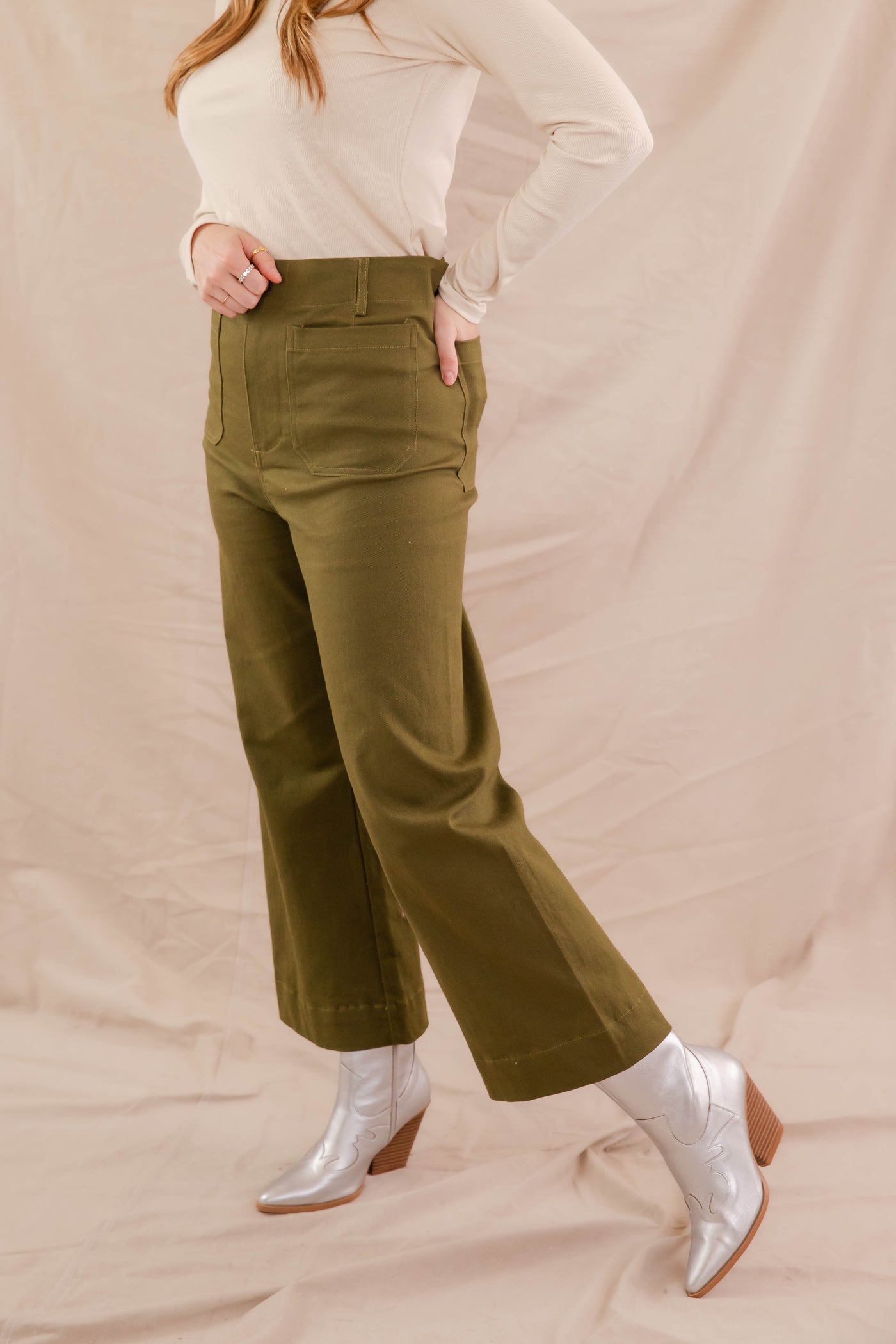 Wide Leg Olive Denim- Women's Front Pocket Jeans- Trendy Style Jeans