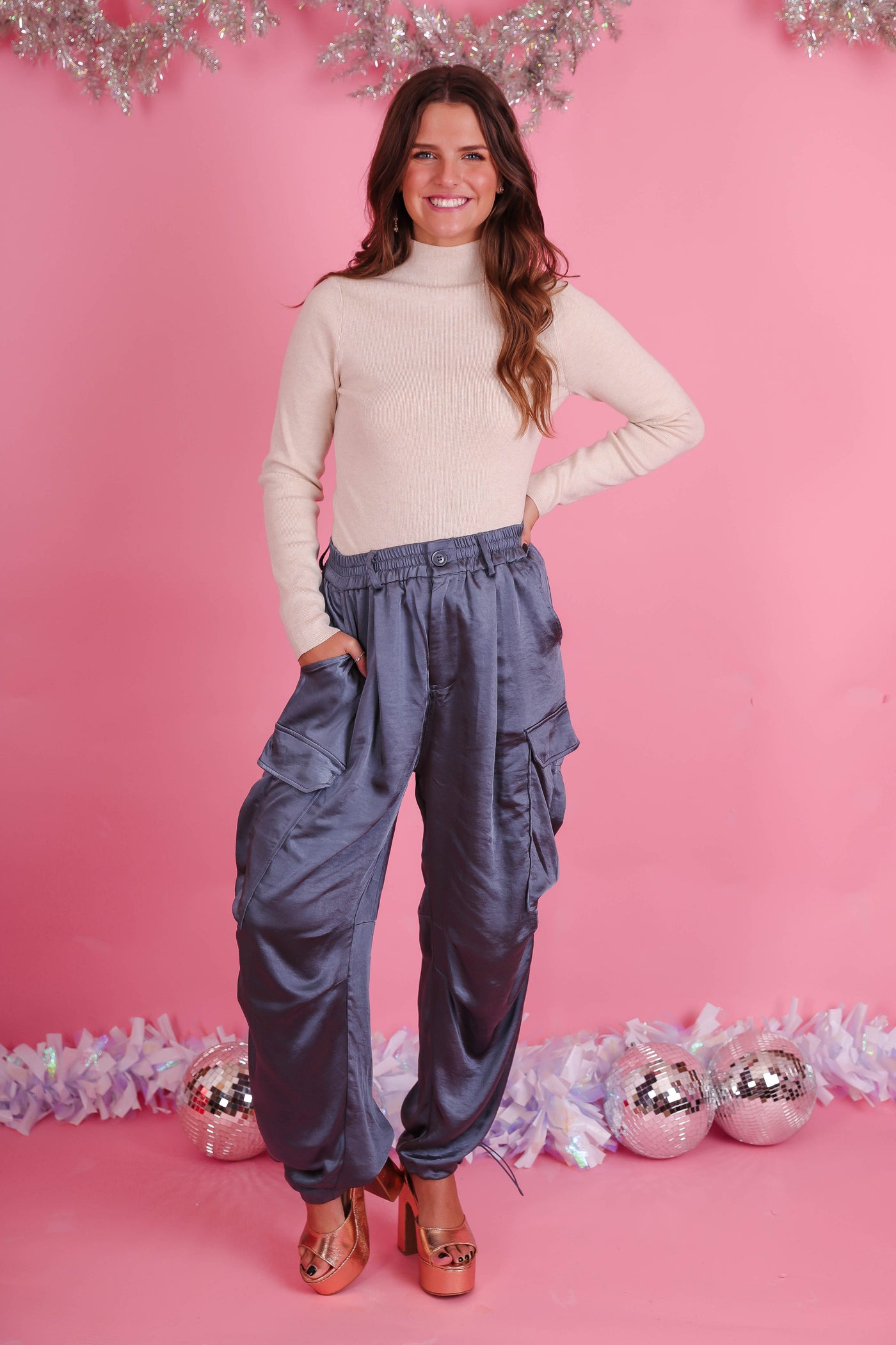 Silky Wide Leg Cargo Pants- Women's Trendy Cargo Pants- Silk Cargo Pant