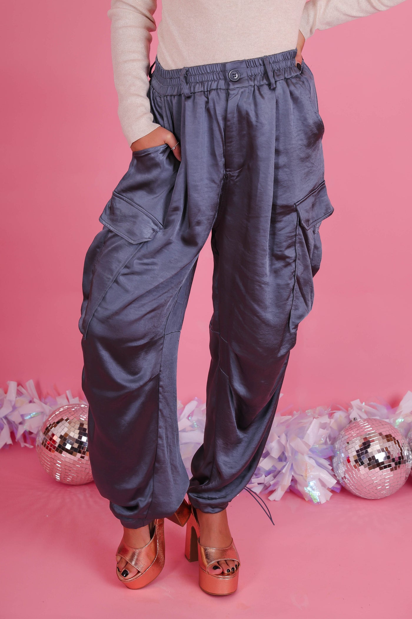 Silky Wide Leg Cargo Pants- Women's Trendy Cargo Pants- Silk Cargo Pant