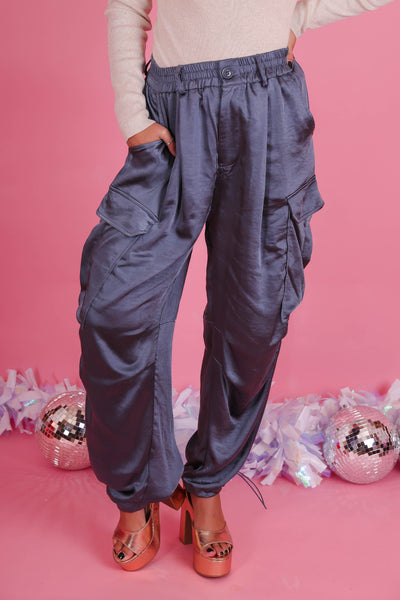 Silky Wide Leg Cargo Pants- Women's Trendy Cargo Pants- Silk Cargo Pant