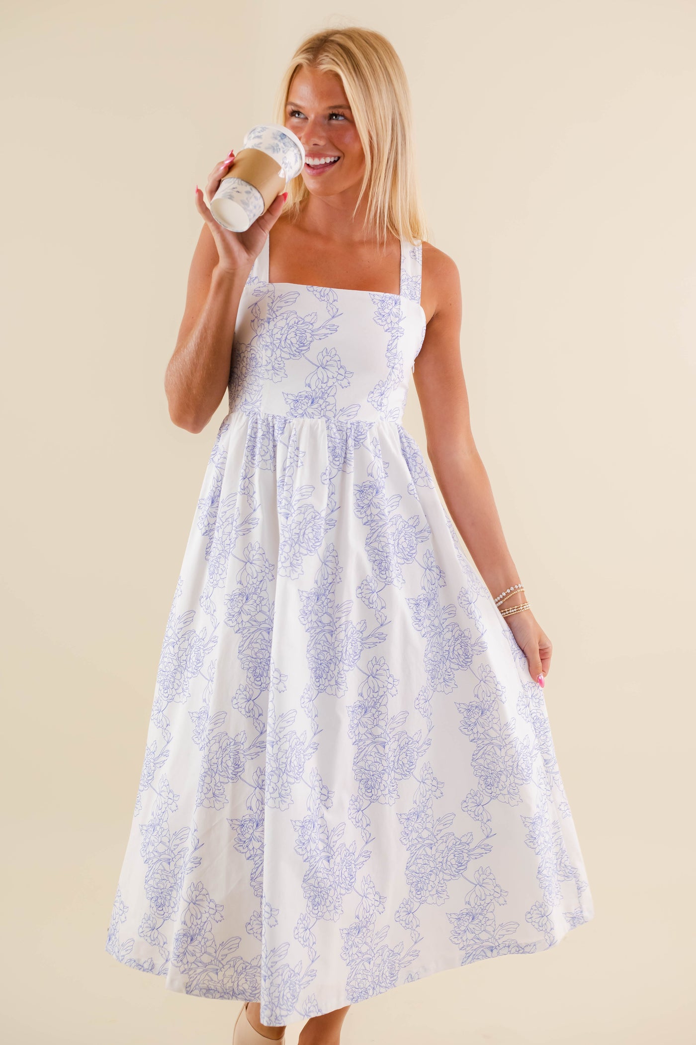 Blue and White Floral Print Dress- White Midi Dress- Coastal Grandmother Style Dresses