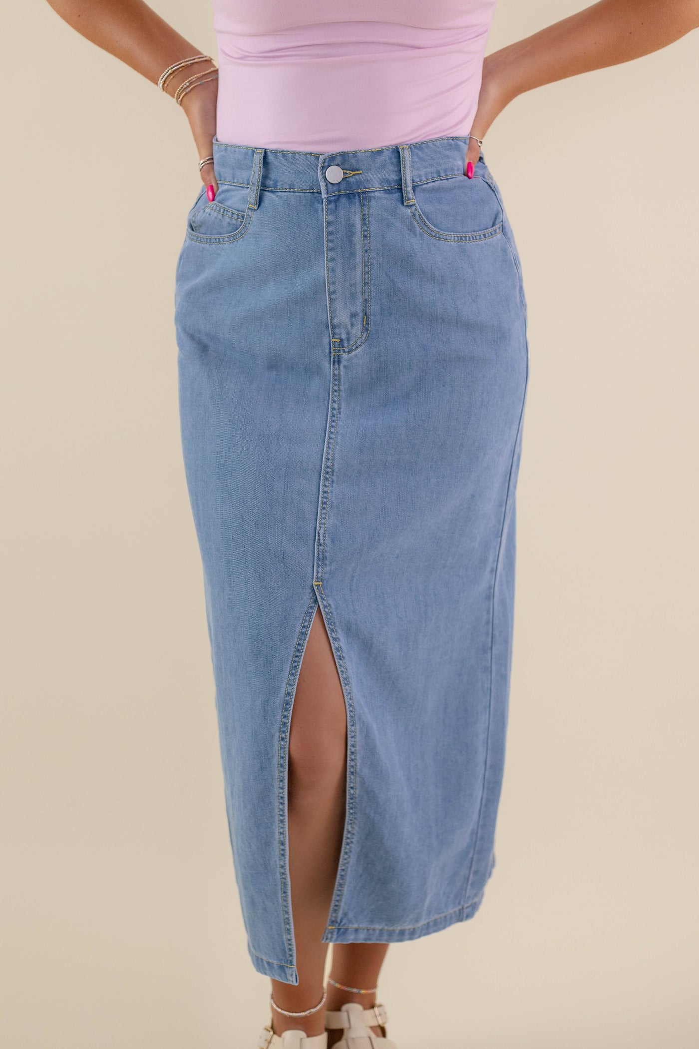 Women's Denim Midi Skirt- Denim Skirt With Slit