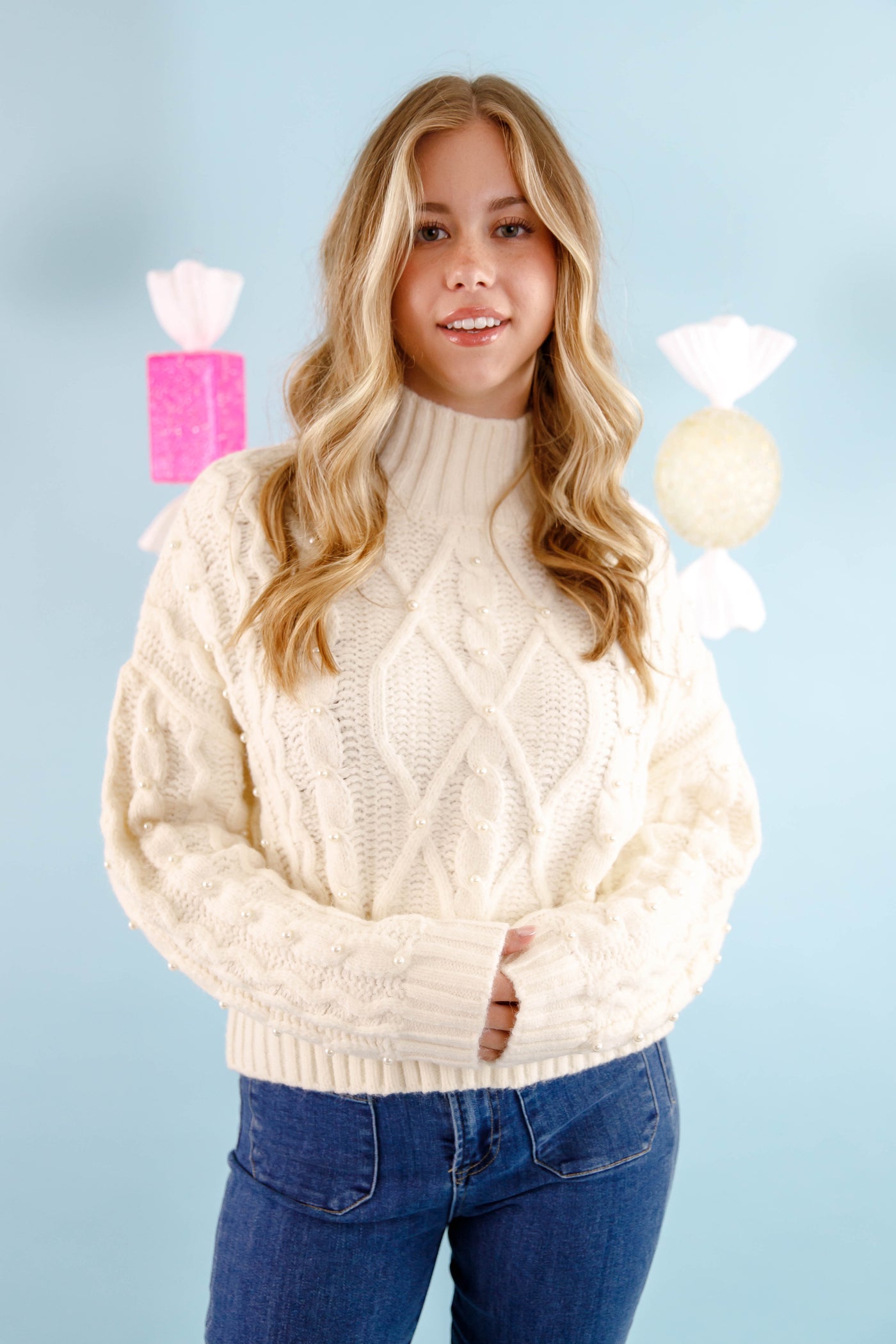 Cable Knit Pearl Sweater- Women's Ivory Pearl Sweater- Women's Holiday Sweaters