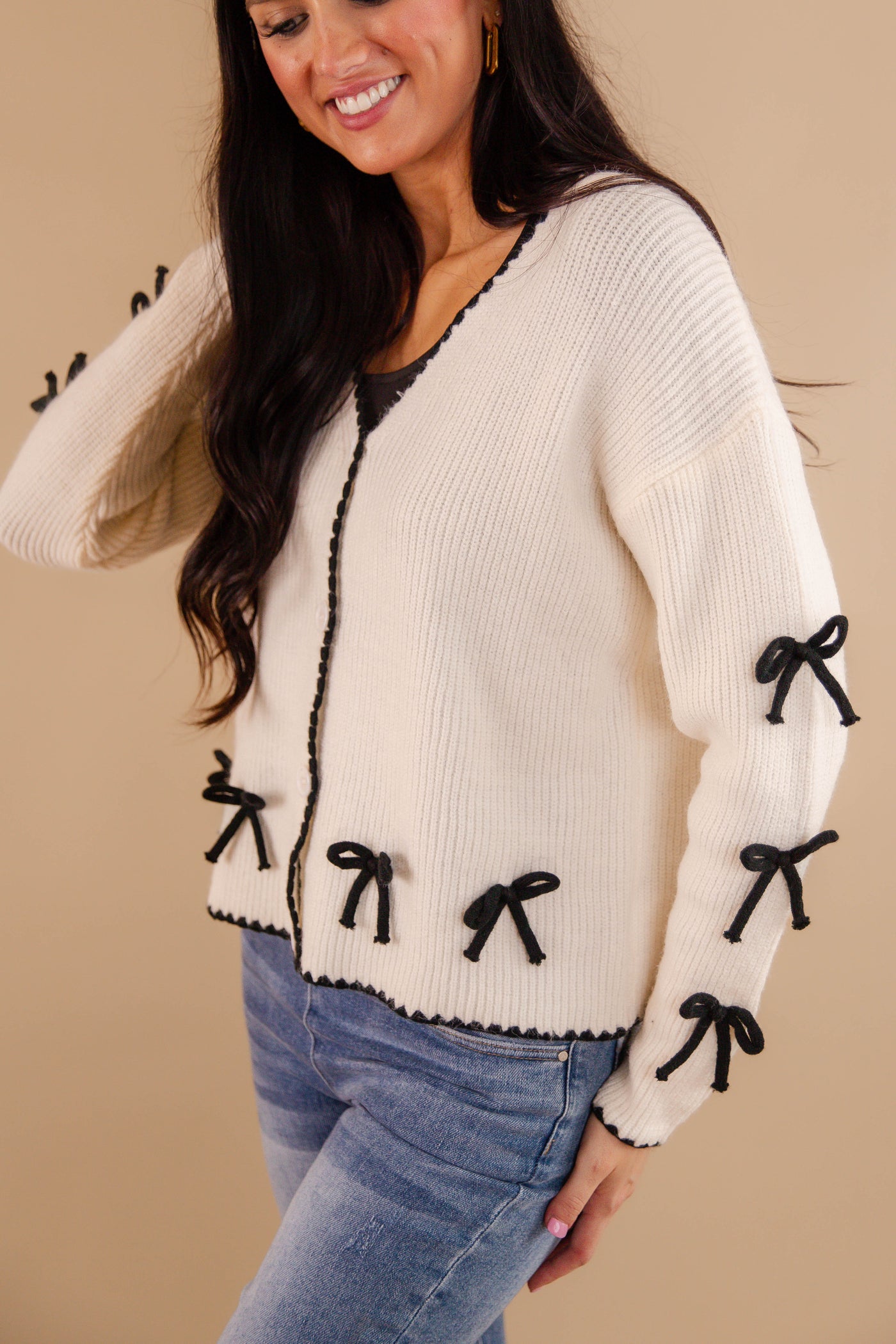 Ivory Cardigan With Black Bow Detail- Women's 3D Bow Cardigan- Black Bow Sweater