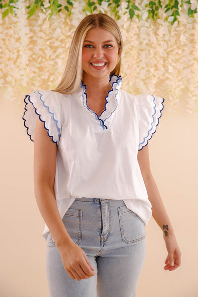Scallop Trim Cotton Blouse- Women's Cotton Tops- Blue and White Scalloped Blouse
