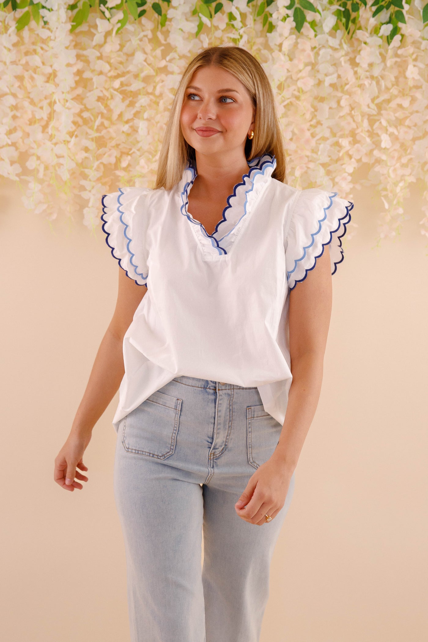 Scallop Trim Cotton Blouse- Women's Cotton Tops- Blue and White Scalloped Blouse