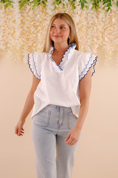 Scallop Trim Cotton Blouse- Women's Cotton Tops- Blue and White Scalloped Blouse