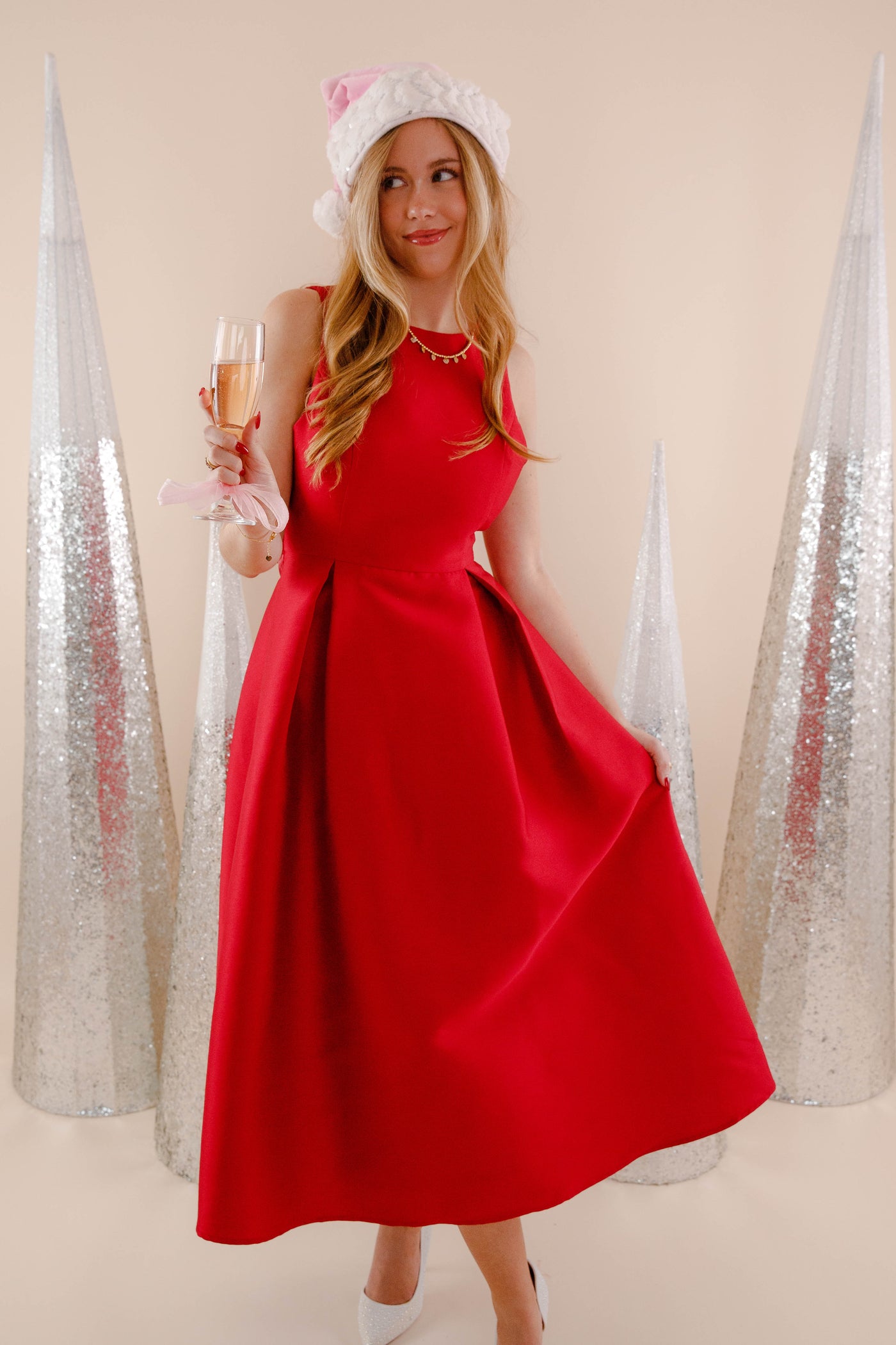 Red Midi Dress With Bow- Elegant Red Event Dress- B Right Red Dress