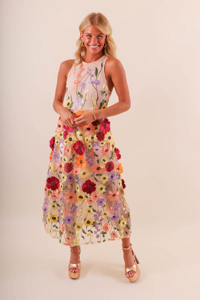 Women's 3D Flower Tulle Midi Dress- Women's Special Occasion Flower Dress- Taylor Grammy's Dress