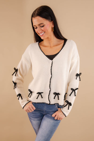 Ivory Cardigan With Black Bow Detail- Women's 3D Bow Cardigan- Black Bow Sweater