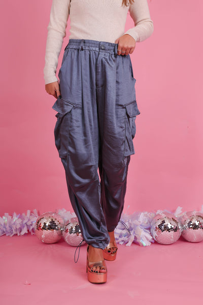 Silky Wide Leg Cargo Pants- Women's Trendy Cargo Pants- Silk Cargo Pant