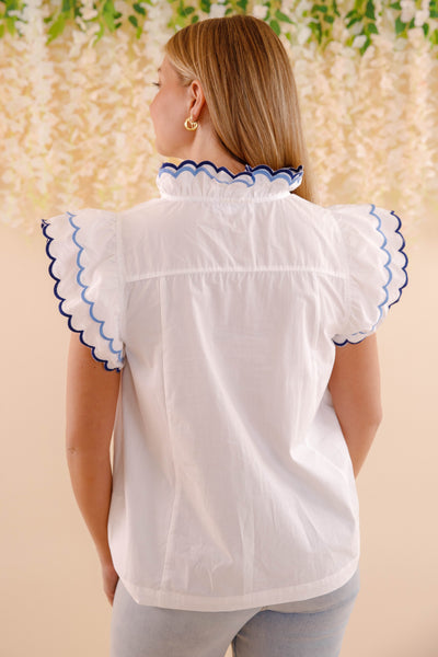 Scallop Trim Cotton Blouse- Women's Cotton Tops- Blue and White Scalloped Blouse