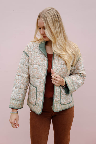 Vintage Paisley Reversible Quilted Jacket- Women's Reversible Fall Jacket- Olive Green Quilted Jacket