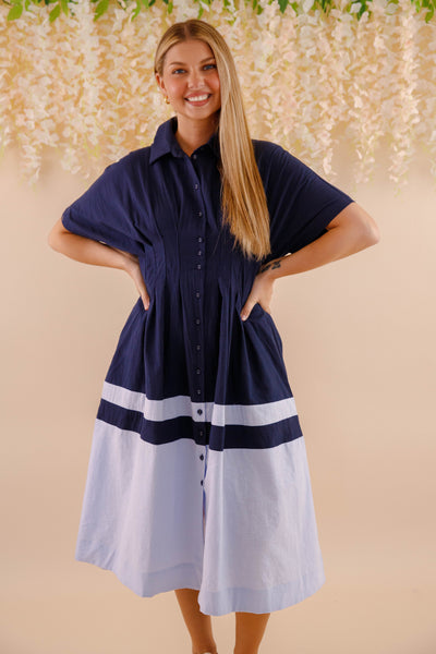 Navy and Blue Cotton Dress- Women's Spring Summer Cotton Dresses- Women's Vacation Dresses