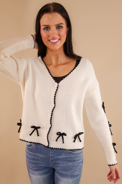 Ivory Cardigan With Black Bow Detail- Women's 3D Bow Cardigan- Black Bow Sweater