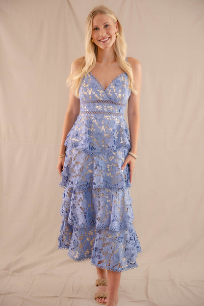 Women's Blue Floral Midi Dress- Floral Tiered Cocktail Dress- JustMe Midi Dresses