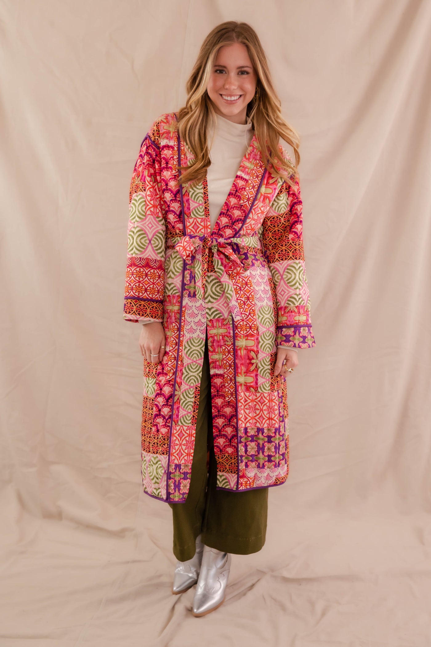 Women's Long Patchwork Coat- Colorful Patchwork Jacket- &Merci Long Jacket