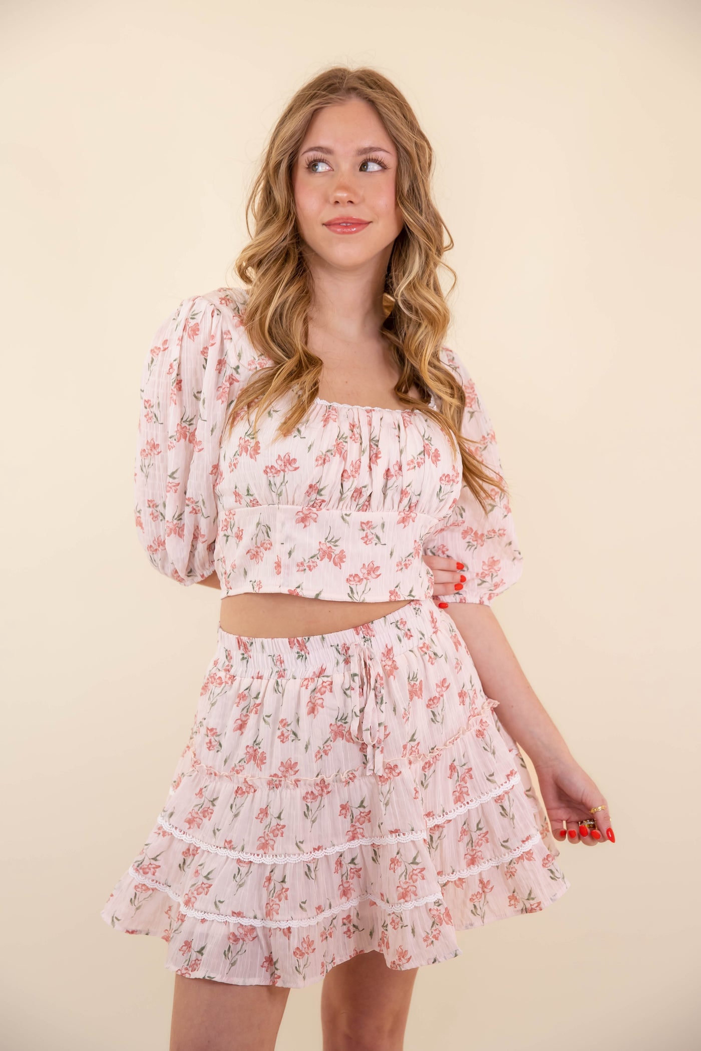 Ditzy Floral Print Mini Skirt- Women's Pink Floral Set- LoveShack Outfits