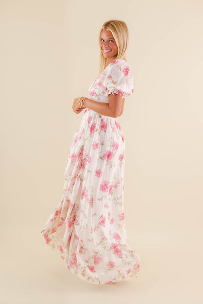 Women's Pink Floral Maxi Dress- Elegant Floral Maxi- Storia Maxi Dress