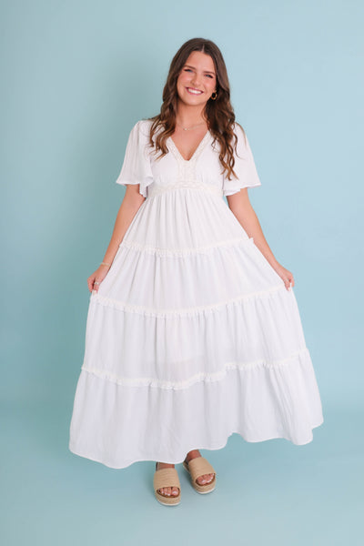 Gorgeous White Maxi Dress- Boho Style White Dress- Flutter Sleeve White Dress