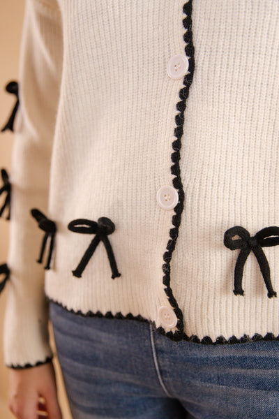 Ivory Cardigan With Black Bow Detail- Women's 3D Bow Cardigan- Black Bow Sweater