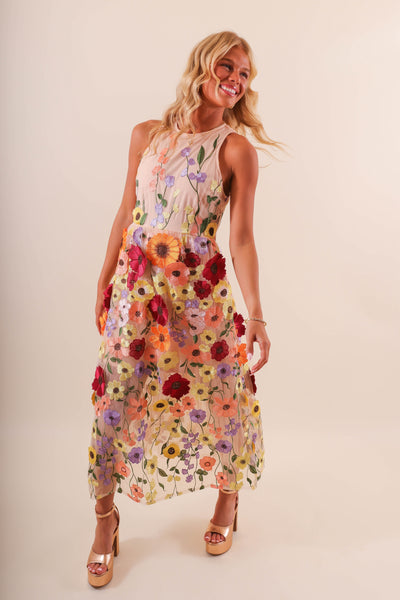 Women's 3D Flower Tulle Midi Dress- Women's Special Occasion Flower Dress- Taylor Grammy's Dress