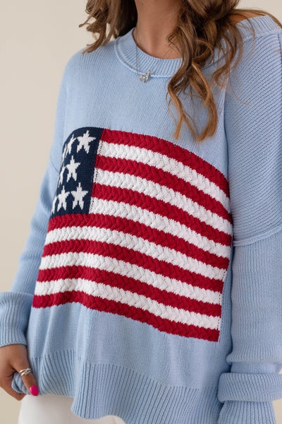 Women's American Flag Sweater- Baby Blue Flag Sweater- Americana Lightweight Sweater