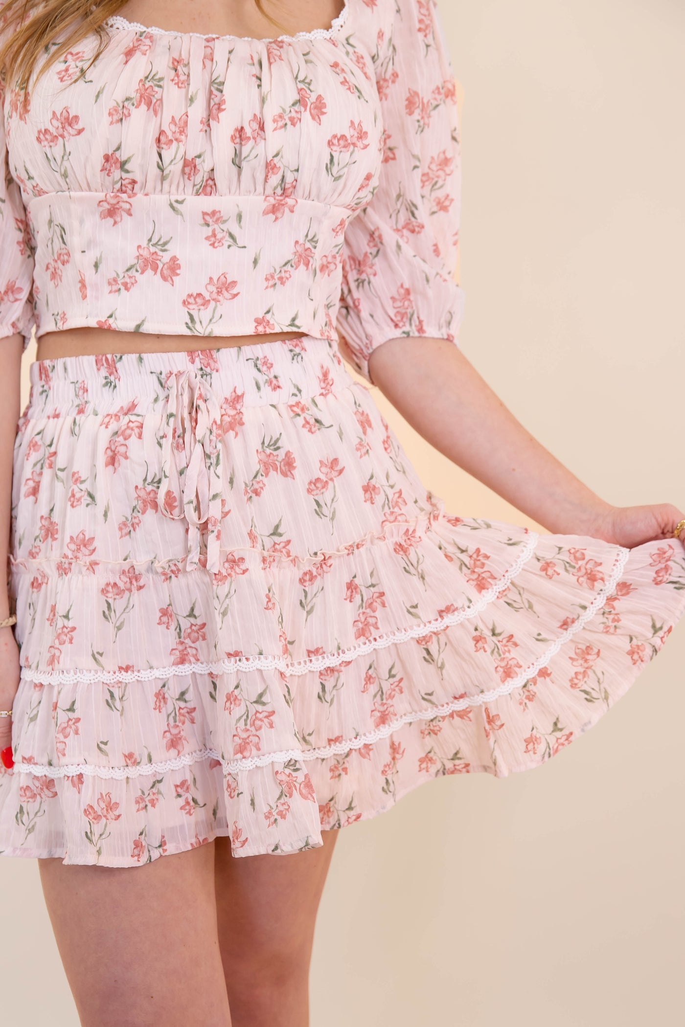 Ditzy Floral Print Mini Skirt- Women's Pink Floral Set- LoveShack Outfits