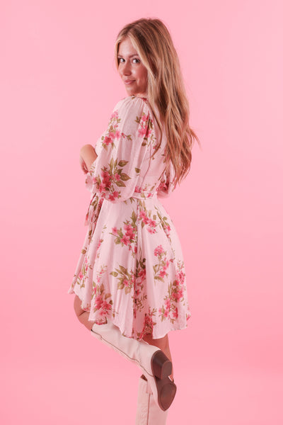 Women's Blush Pink Floral Dress- Sweet Mini Dress- Blu Pepper Dresses