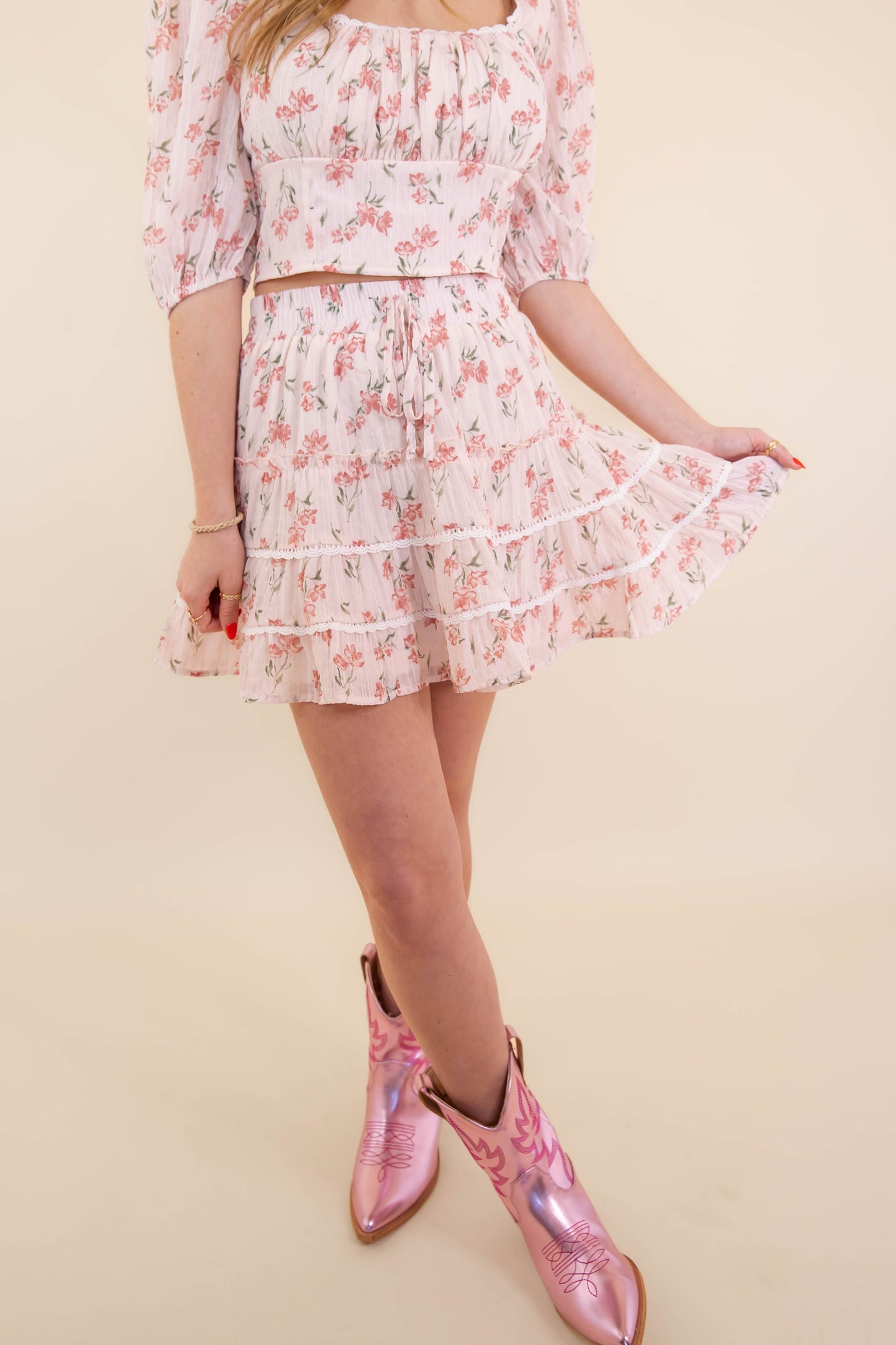 Ditzy Floral Print Mini Skirt- Women's Pink Floral Set- LoveShack Outfits