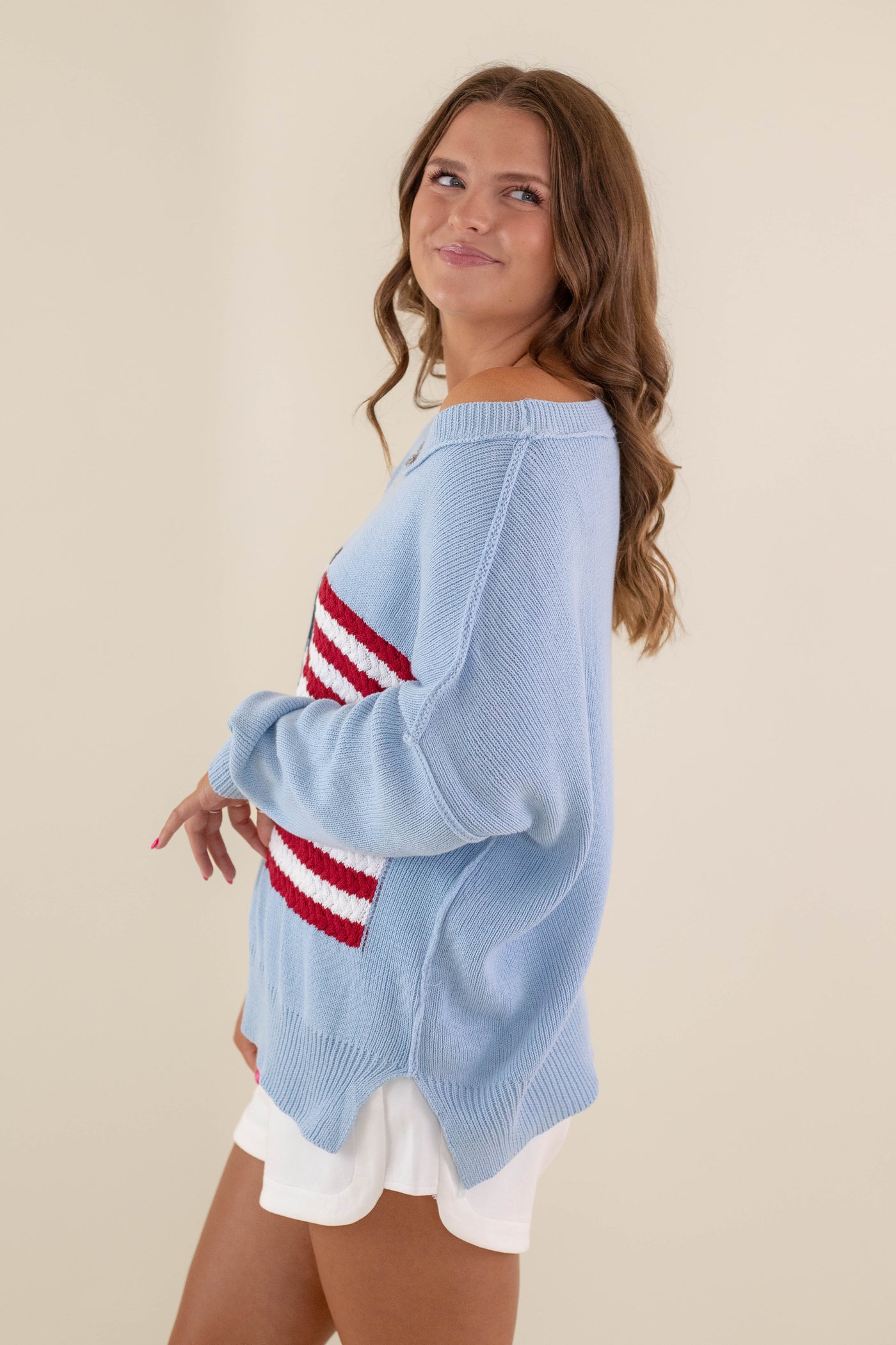 Women's American Flag Sweater- Baby Blue Flag Sweater- Americana Lightweight Sweater