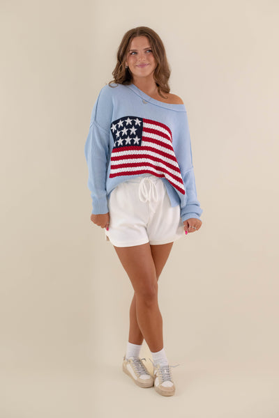 Women's American Flag Sweater- Baby Blue Flag Sweater- Americana Lightweight Sweater