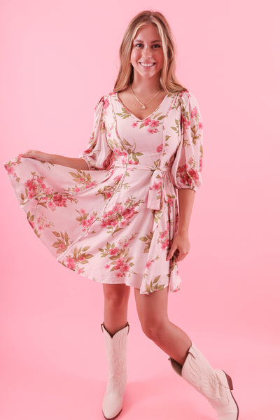 Women's Blush Pink Floral Dress- Sweet Mini Dress- Blu Pepper Dresses